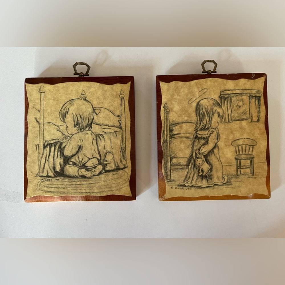 Vintage Set of Wooden Boy & Girl Praying  Decoupage Hanging Plaques Beveled Edge